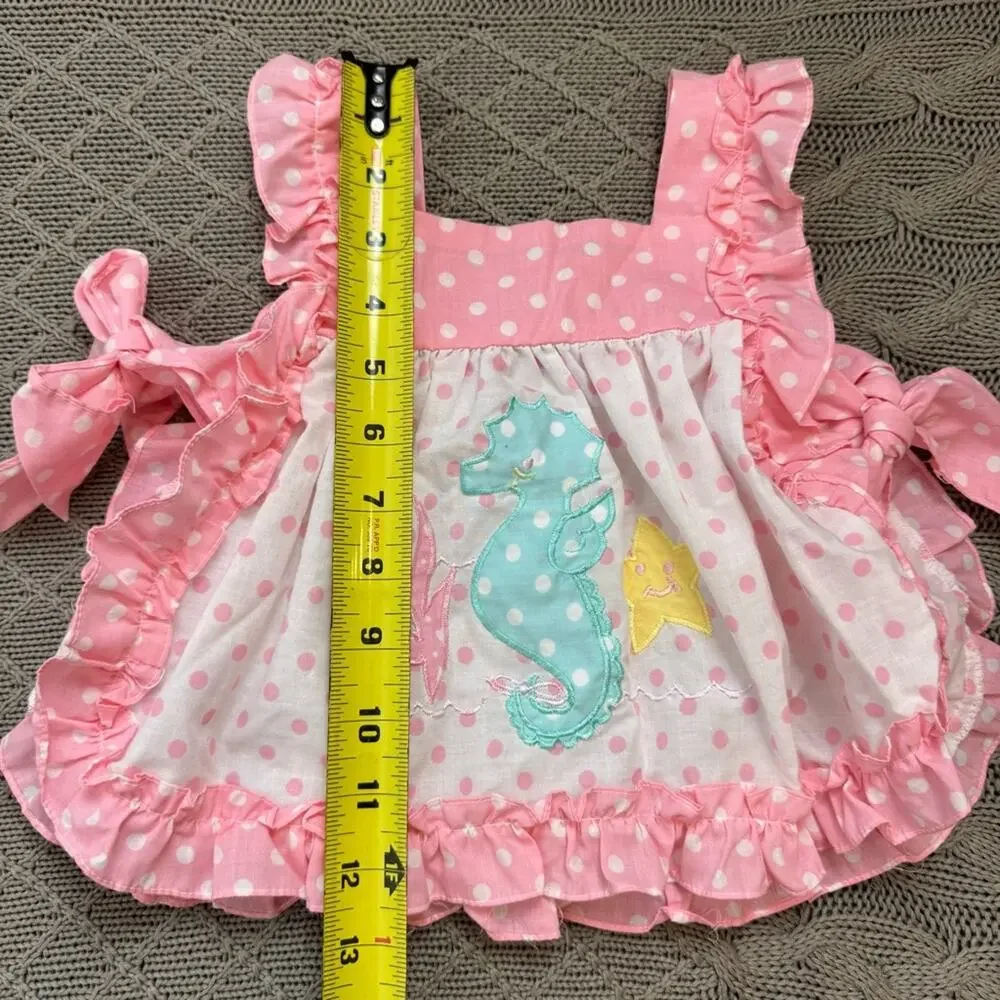 Vintage Broadway Kids Pink Polka Dot Apron Pinnie Tunic Seahorse Design ~9M